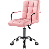 A stylish pink office chair featuring chrome wheels, ideal for enhancing any office environment.